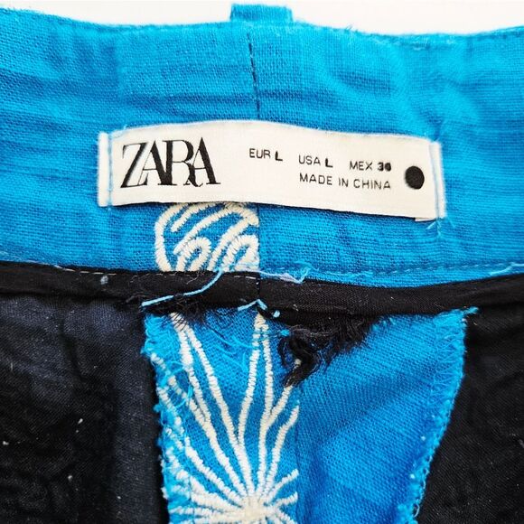 Zara Blue Embroidered Plants Wide Leg High Waist Cropped Linen Culottes Pants L - Picture 6 of 11